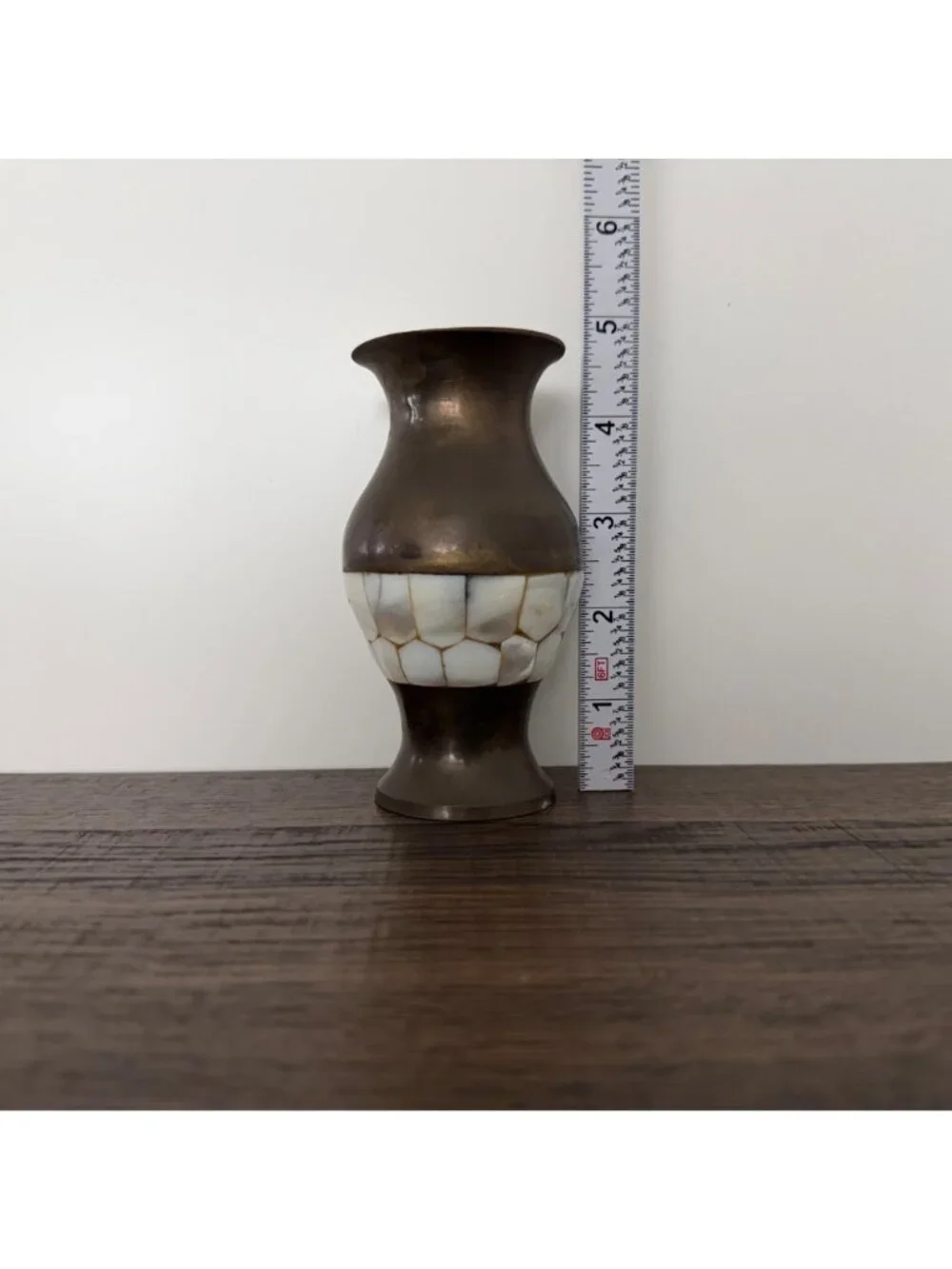 Vintage Brass Vase Mother Of‎ Pearl Inlay Boho Hollywood Regency Coastal Artisan